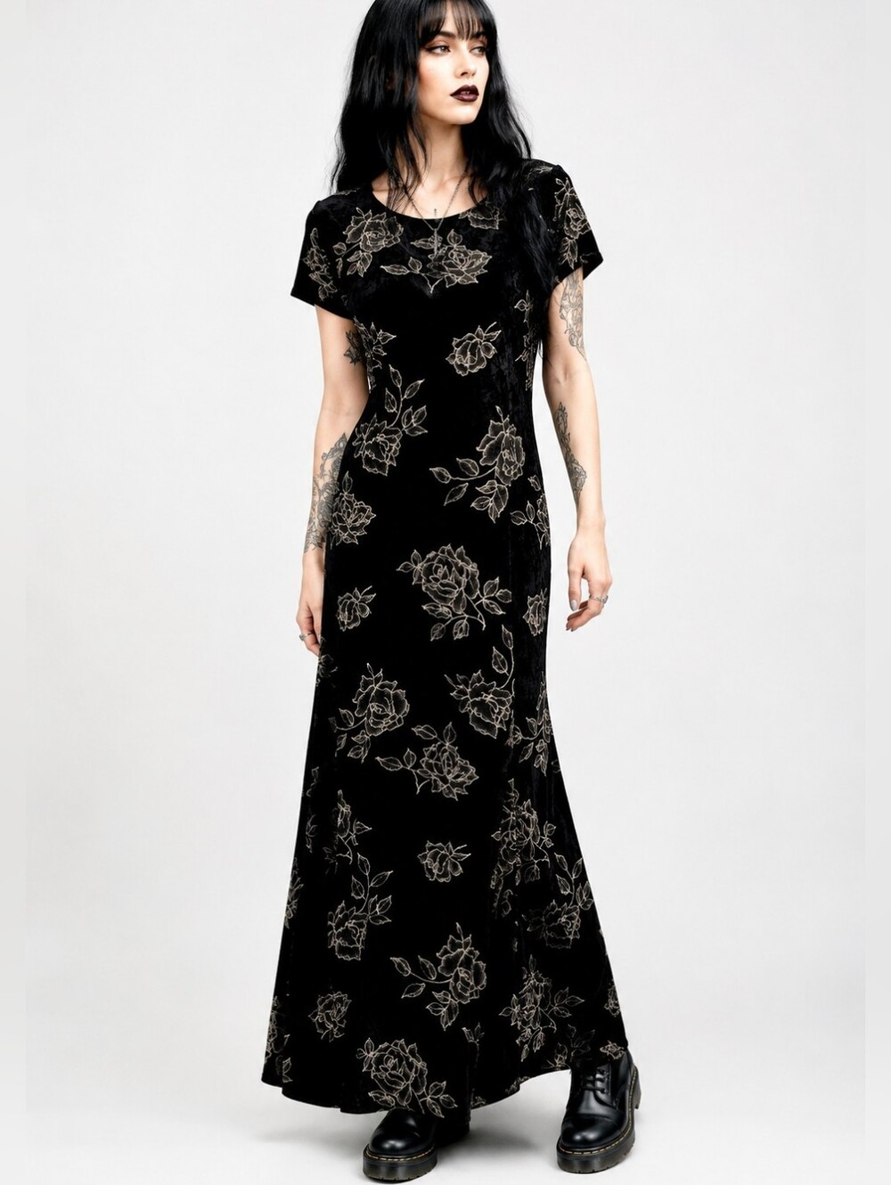Vintage CLE Paris Black Burnout Velvet Floral Maxi Dress 90s Whimsigoth L